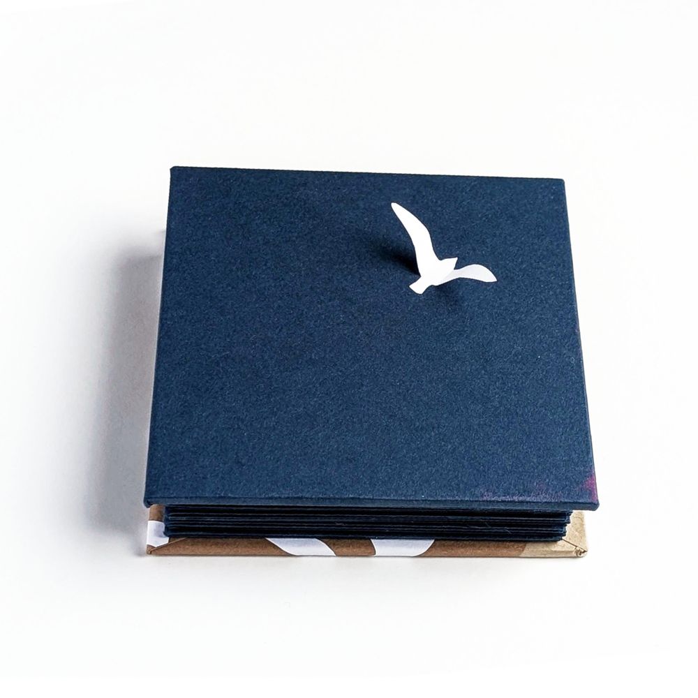 a dark blue accordion book with a gliding paper seagull on the cover
