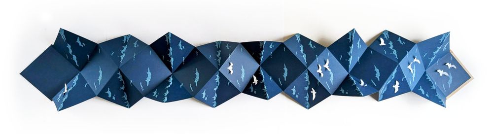 unfolded accordion book. pages are screen printed with waves and dotted with seagulls, scattered and then accumulating towards the end of the book