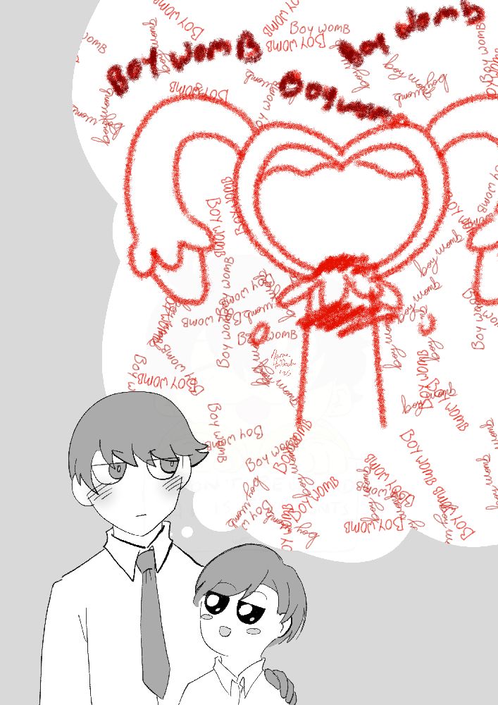 Ooe fanart; Oosaki with his hand on Ariake's shoulder, thinking about boy womb