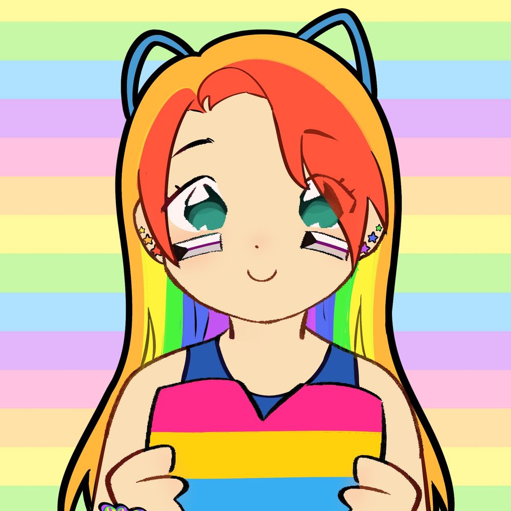 Rainbow haired girl (Me) holding a pansexual heart with demisexual flags painted on cheeks, sporting a cat ear headband and rainbow earrings