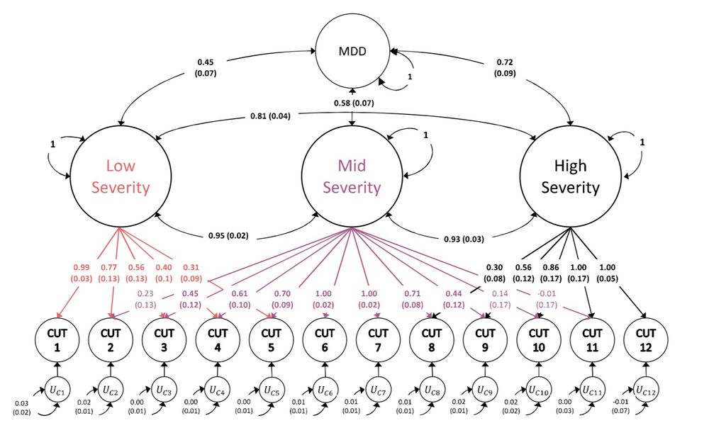 Standardized results (with standard errors) for three-severity factor genomic structural
equation model as estimated using GenomicSEM software. 