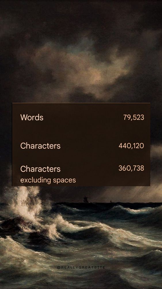 A screenshot of my word count at 79,523 words over a painting of an ocean storm. Because this chapter was a STORM OF SADNESS. 
