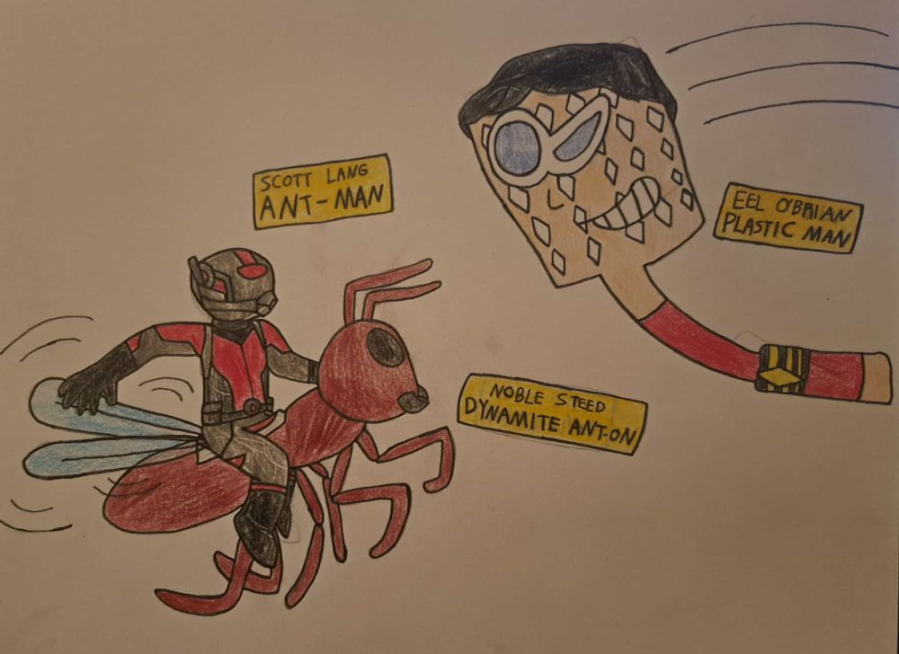 Scott Lang flying towards Plastic Man while riding an ant. Plastic Man has shape-shifted into a flyswatter to try and hit Scott out of the air.