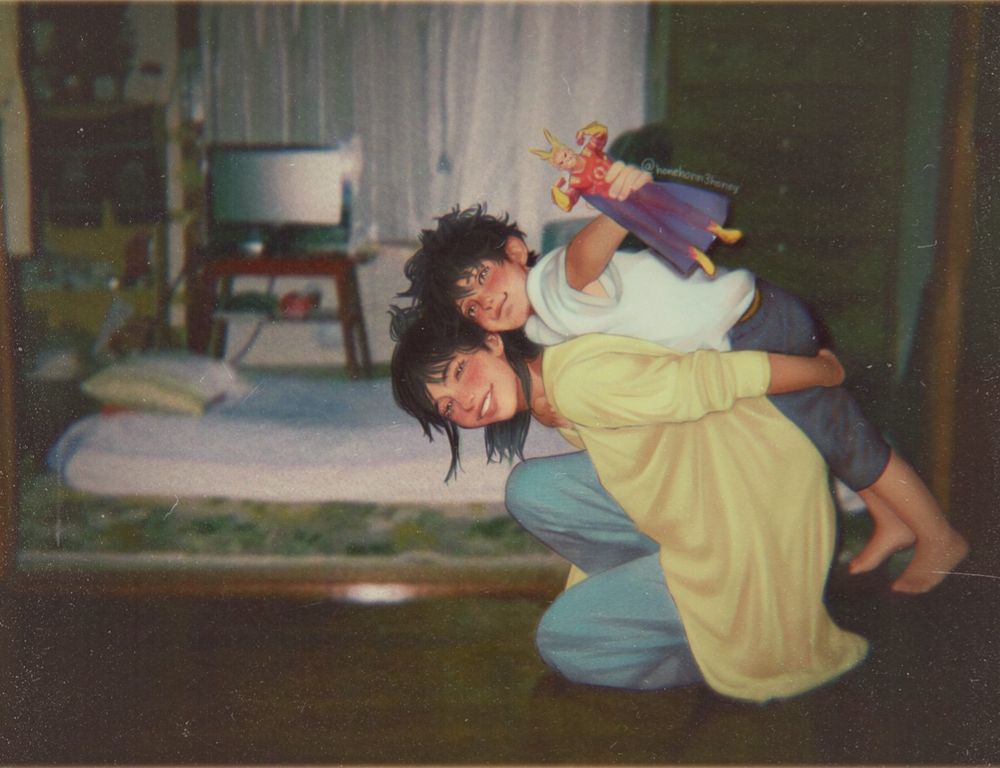 Digital art about Izuku and Inko Midoriya, in it you see the little boy boy Izuku on his mother’s back, showing his toy of All Might towards the camera, the atmosphere is nostalgic and warm 