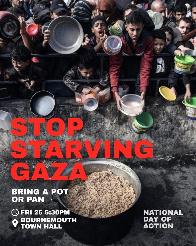 Image is taken at a food aid station, with many hungry people reaching out with pots and bowls in hand, desperate to get some food from the solitary pots in the foreground.
Text reads:
Stop starving Gaza.
Bring a pot of pan
Friday 25 5:30 PM
Bournemouth Town Hall.
National Day of Action