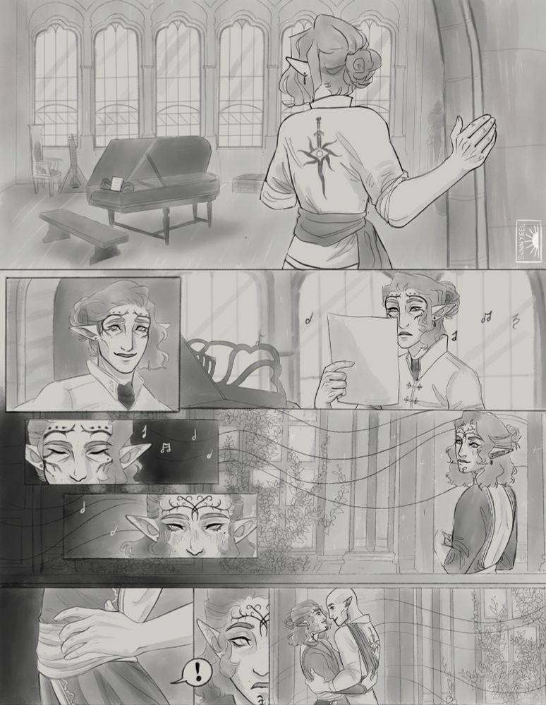 By panel:
1, The Inquisitor Miranin’s back as he enters the music room in the Lighthouse.
2, Miranin’s face, surprised, amazed. There are unique vallaslin painted around his eyes, with three dots over each brow. They’re painted on.
3, He picks up the only sheet of music on the piano, notes slowly appearing around his head.
4, A close up of his eyes closed, music notes highlighted in the dark, his face aged.
5, His eyes open slowly, music notes still around him, but he has his vallaslin again, he’s younger again.
6, Miranin in an elegant tabard on the balcony at Halamshiral. His hair is done up, he’s smiling. A memory.
7, a hand grabs his waist from behind “!”
8, Miranin looks, confused.
9, Solas smiled at him as Miranin grins, holding each other.