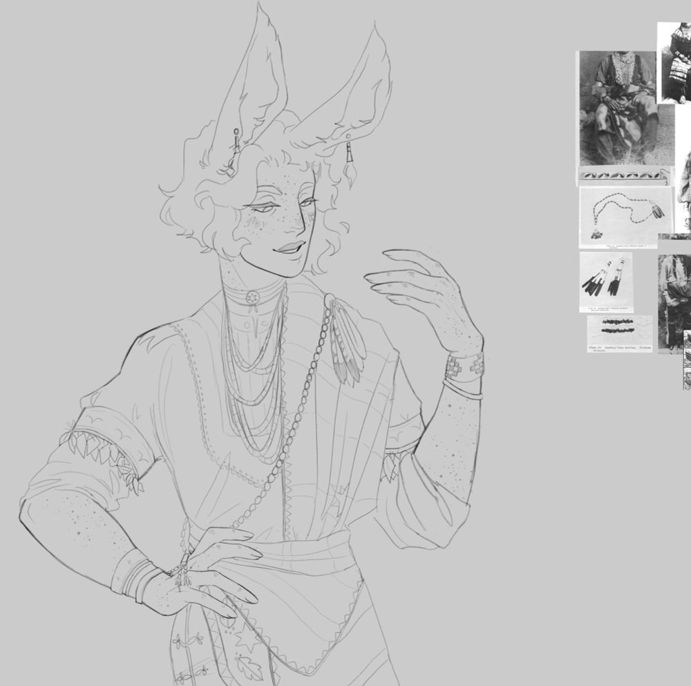 The same sketch uncolored- in this version Shaahye’s hair is cropped shorter. The photos on the side are very old references of some ceremonial and some daily wear.