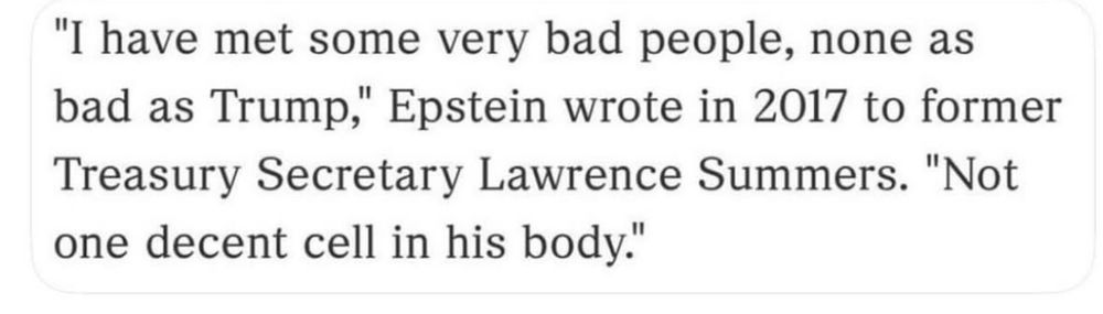 “I have met some very bad people, none as bad as Trump”, Epstein wrote in 2017 to former treasury secretary Lawrence Summers. “ not one decent cell in his body.”