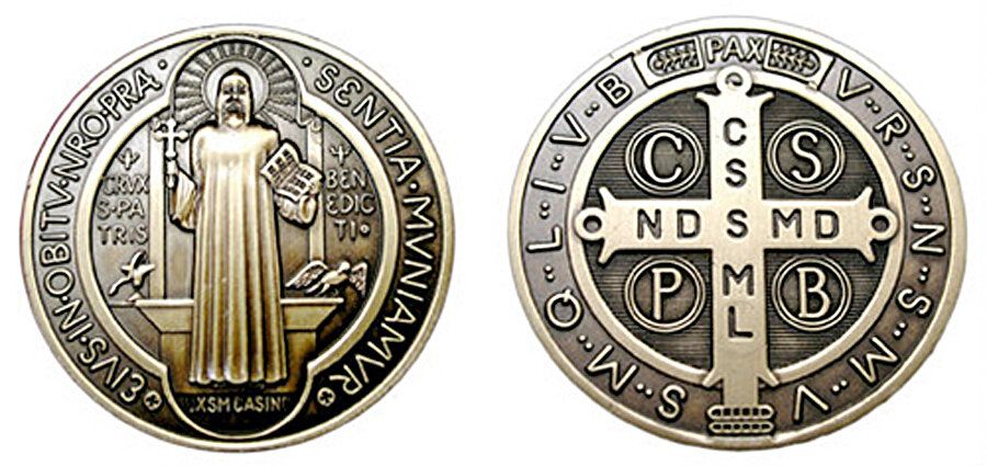 The two sides of the St. Benedict medal. 