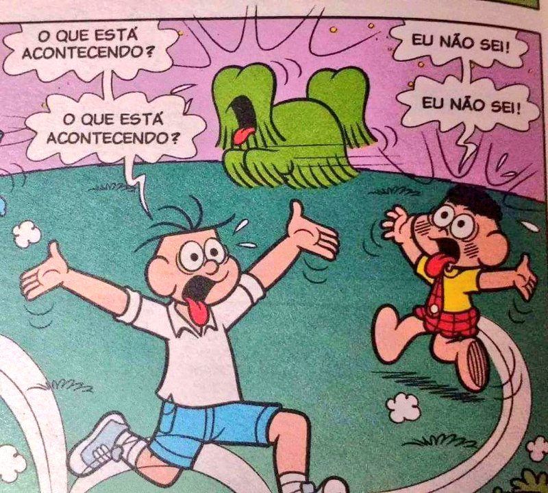 Foto de uma tirinha da Turma da Monica, onde os personagens correm de um lado para o outro, mãos ao alto, olhos confusos, perguntando em caixa alta "o que está acontecendo?" e outros respondendo "eu não sei, eu não sei".