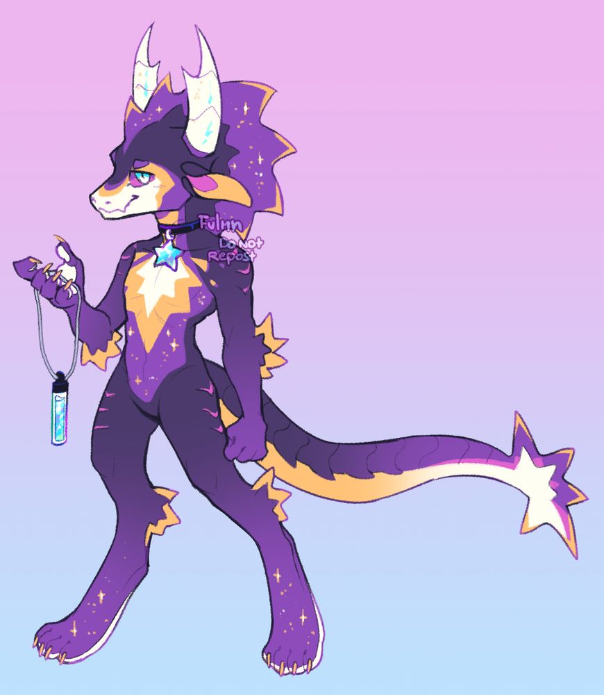 An illustration of an anthropomorphic dragon. They have a big spiky fan on the back of their head and neck, big ears and forked, ridged horns. Their overall color palette is purple and yellow, with some white patches here and there. They are wearing a choker with a blue star pendant and holding a capsule of stardust in their right hand.
