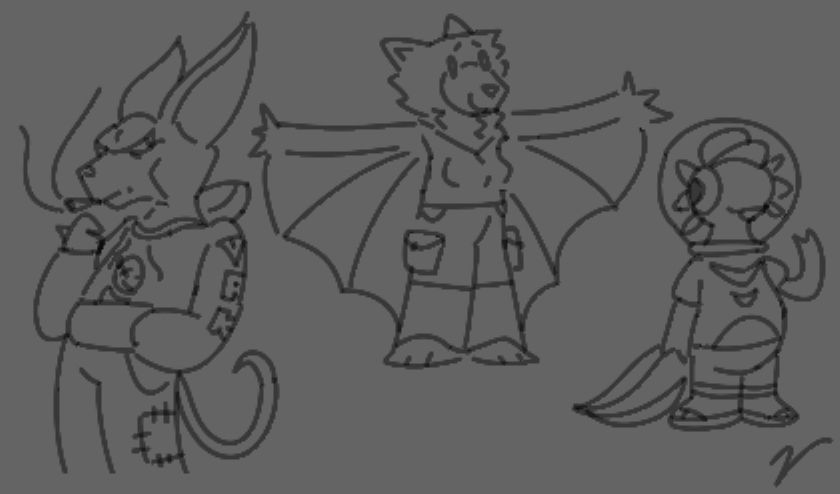 From left to right: Male sphynx cat in a Varik hoodie smoking a cigarette. Female bat in tank top and two-tone cargo pants spreading her wings. An axolotl wearing a hat and water helmet waving at the viewer.