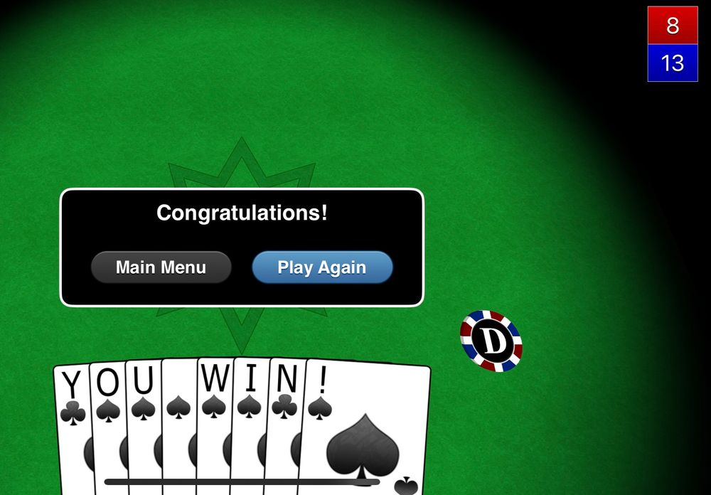 Score screen from a euchre app showing a 13:8 victory