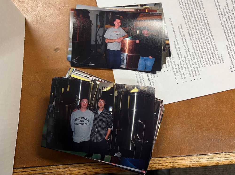 Pictures of men in front of brewing equipment. 