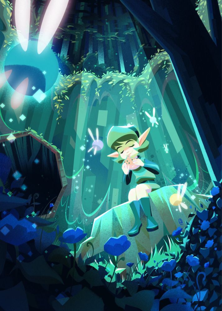 Saria (from the video game The Legend of Zelda: Ocarina of Time) is playing her ocarina on a tree stump somewhere in the Lost Woods surrounded by fairies