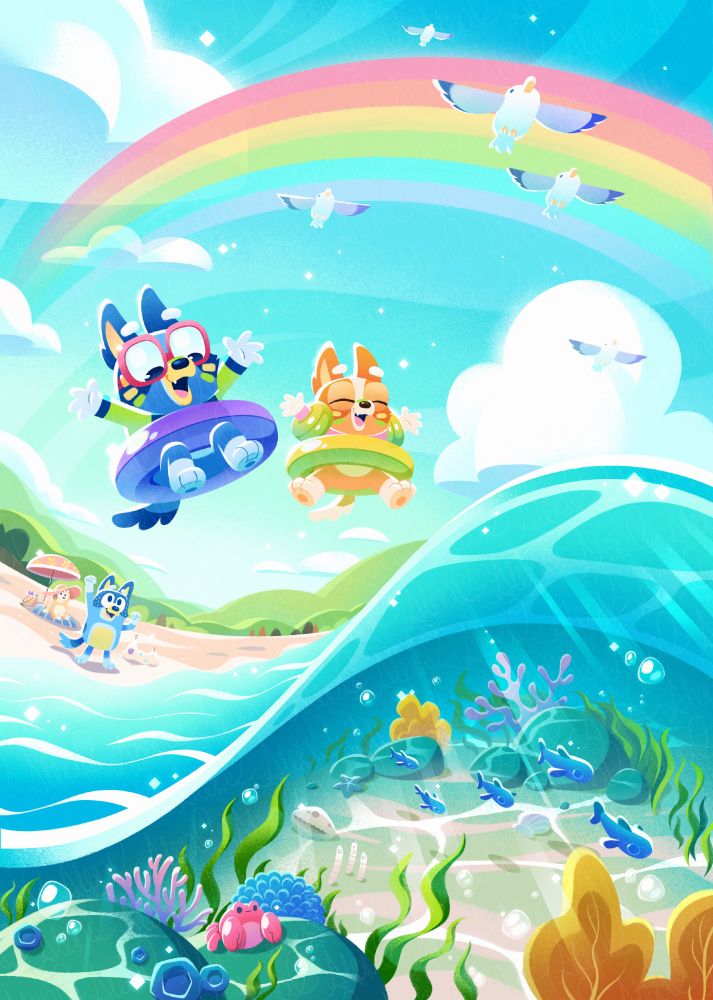 Bluey and Bingo, wearing sun protection and floaties, are smiling and jumping into the ocean. Above them is a bright blue sky, a bunch of seagulls, fluffy white clouds, and a rainbow. In the foreground, there's an underwater view with little fish, a crab, seaweed, rocks, lots of bubbles and coral. In the distance behind Bluey and Bingo, Bandit and Chili are watching their children from the beach.