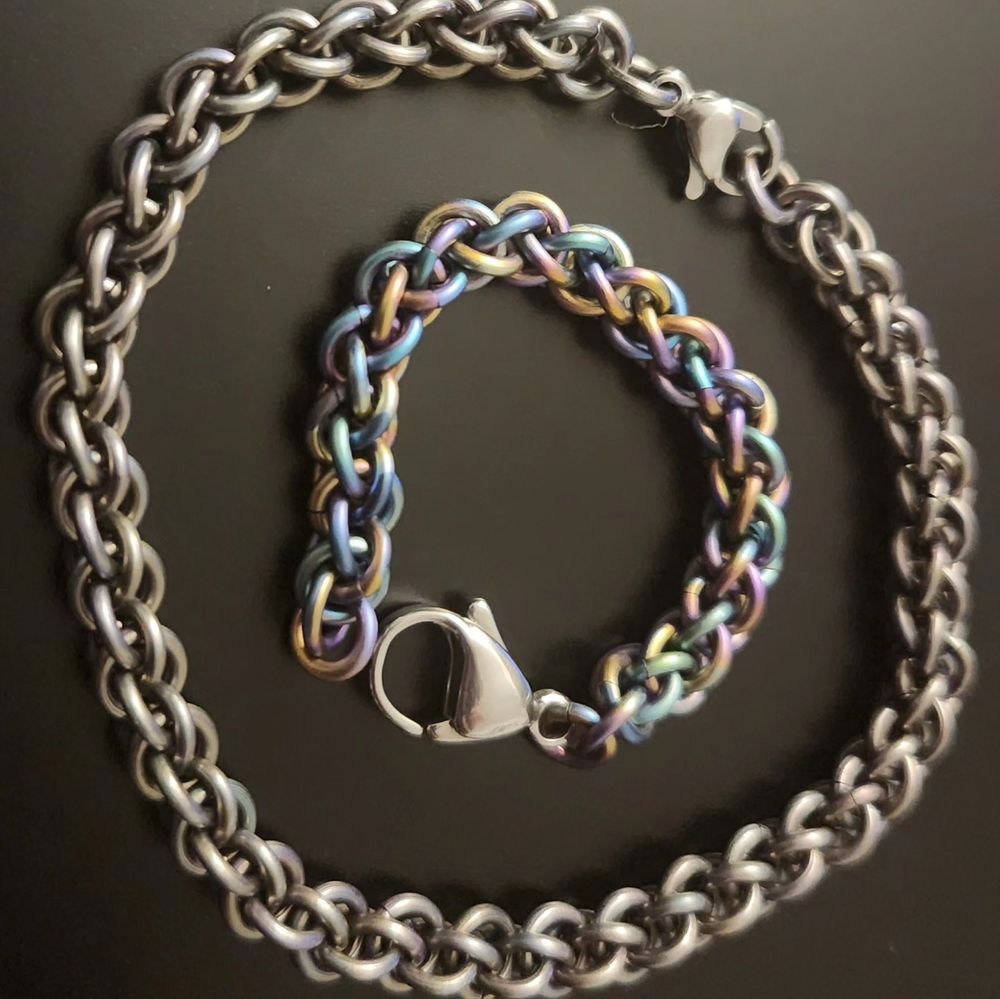 Partial chainmail bracelet and a completed chainmail bracelet