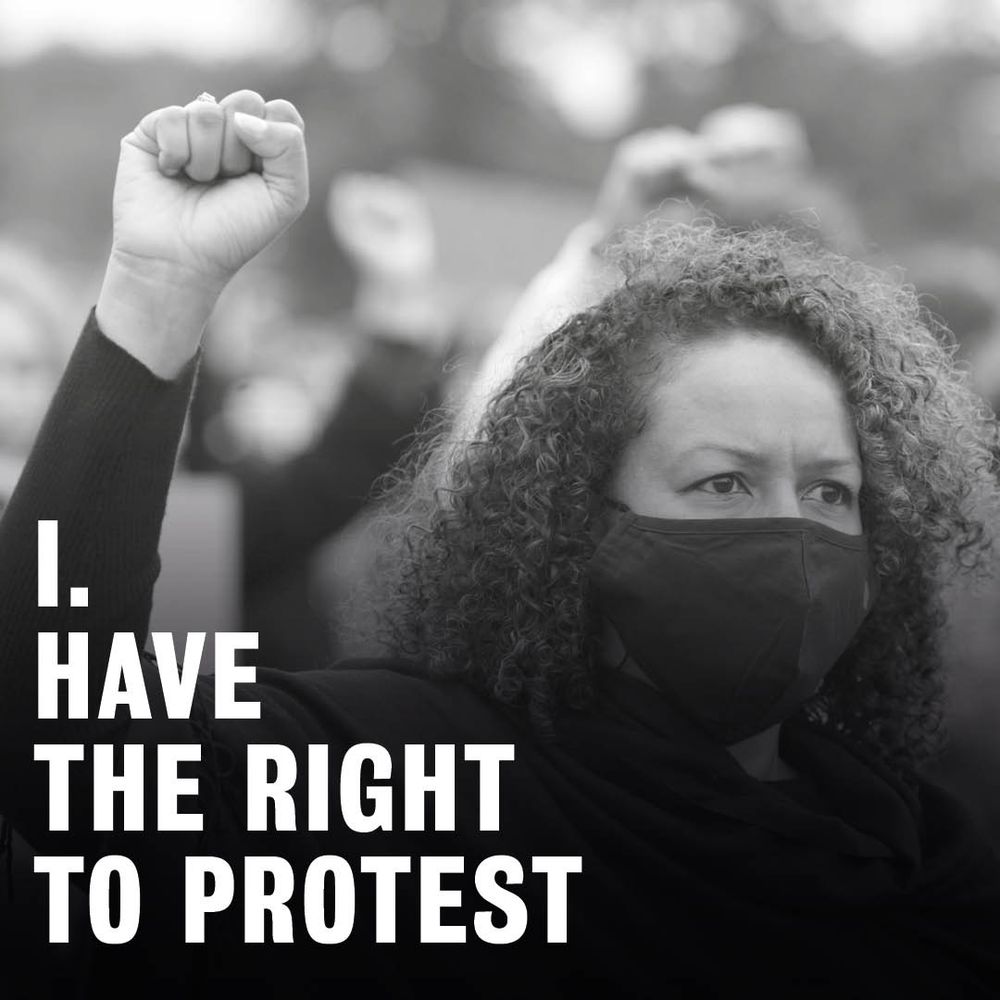 Woman with fist in air at protest wearing face mask
Text: I HAVE THE RIGHT TO PROTEST