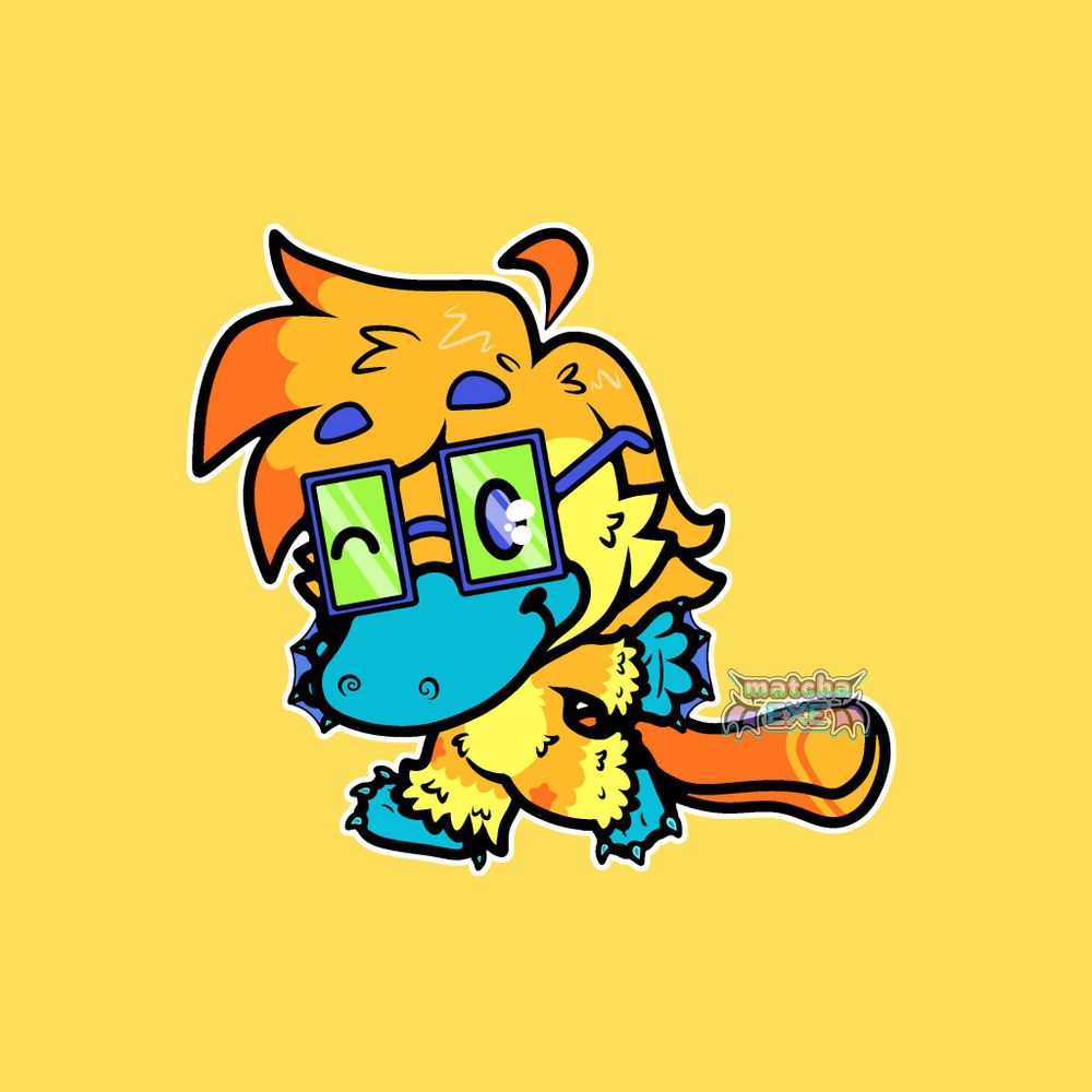 Full-body chibi digital art of a platypus standing with their arms out and stepping towards the left side of the image. They are smiling with a closed mouth and winking at the viewer. Their fur is a bright orange with yellow around their wrists, ankles, and on their cheeks. There are darker orange stars on their knees, as well as darker orange on on the tips of their hair and their tail. On the tip of their tail is a lighter orange. Their bill, hands, and feet are a bright blue with lighter blue claws and darker blue webbing between their fingers. They are wearing large, rectangular glasses with dark blue frames and green glass. Their eyebrows are also a dark blue. The background is a light yellowish-orange.
