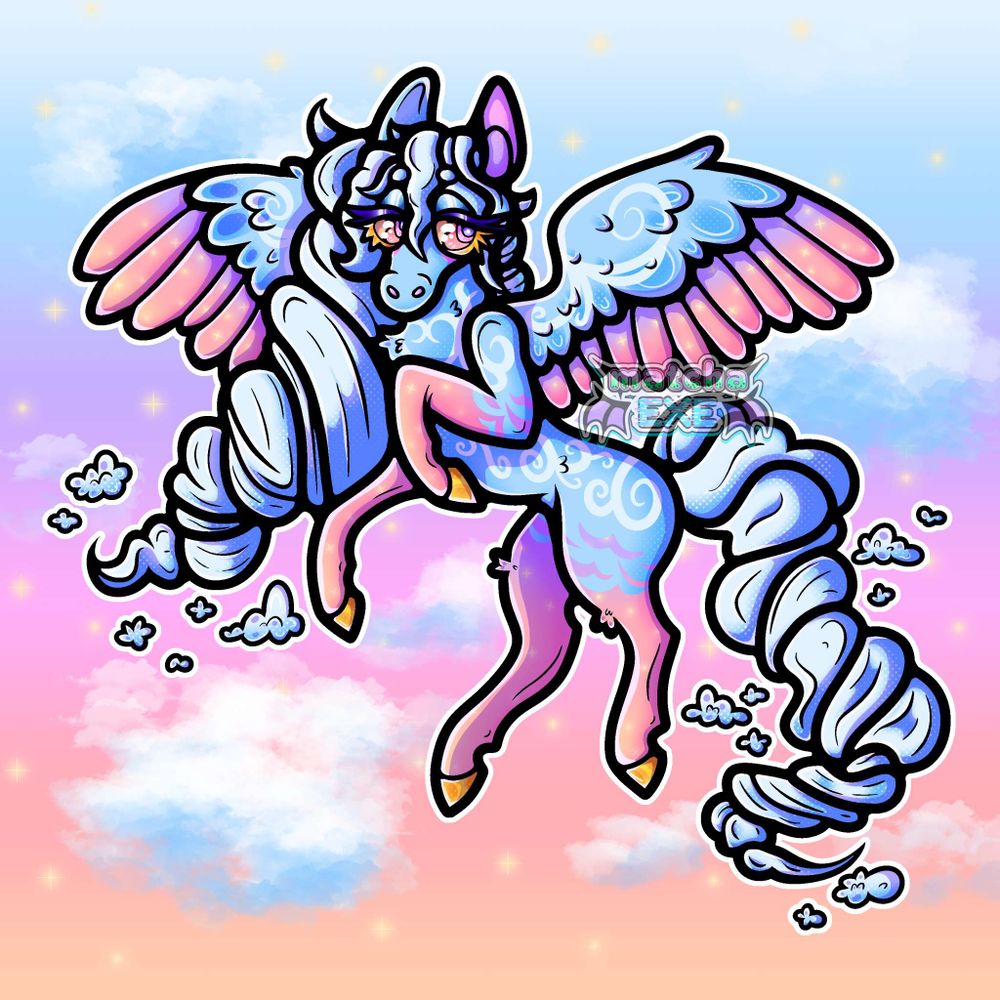 Full-body digital art of a light coloured pegasus. They are facing towards the left side of the image and flying with a stoic expression. They have mostly light blue fur with an even lighter blue swirl pattern across their back, flank, outer wings, and chest. On their legs, inner ears, and the tip of their wings is a pastel sunset coloured gradient covered in sparkles. Their mane and tail is long, fluffy, and a very light blue. Surrounding their mane and tail are small, fluffy clouds. They are looking towards the right side of the image with purple, pink, and orange eyes. Their hooves and lash-line are a vibrant gold. The background is a blue, purple, pink, and orange gradient with fluffy blue clouds and yellow sparkles.