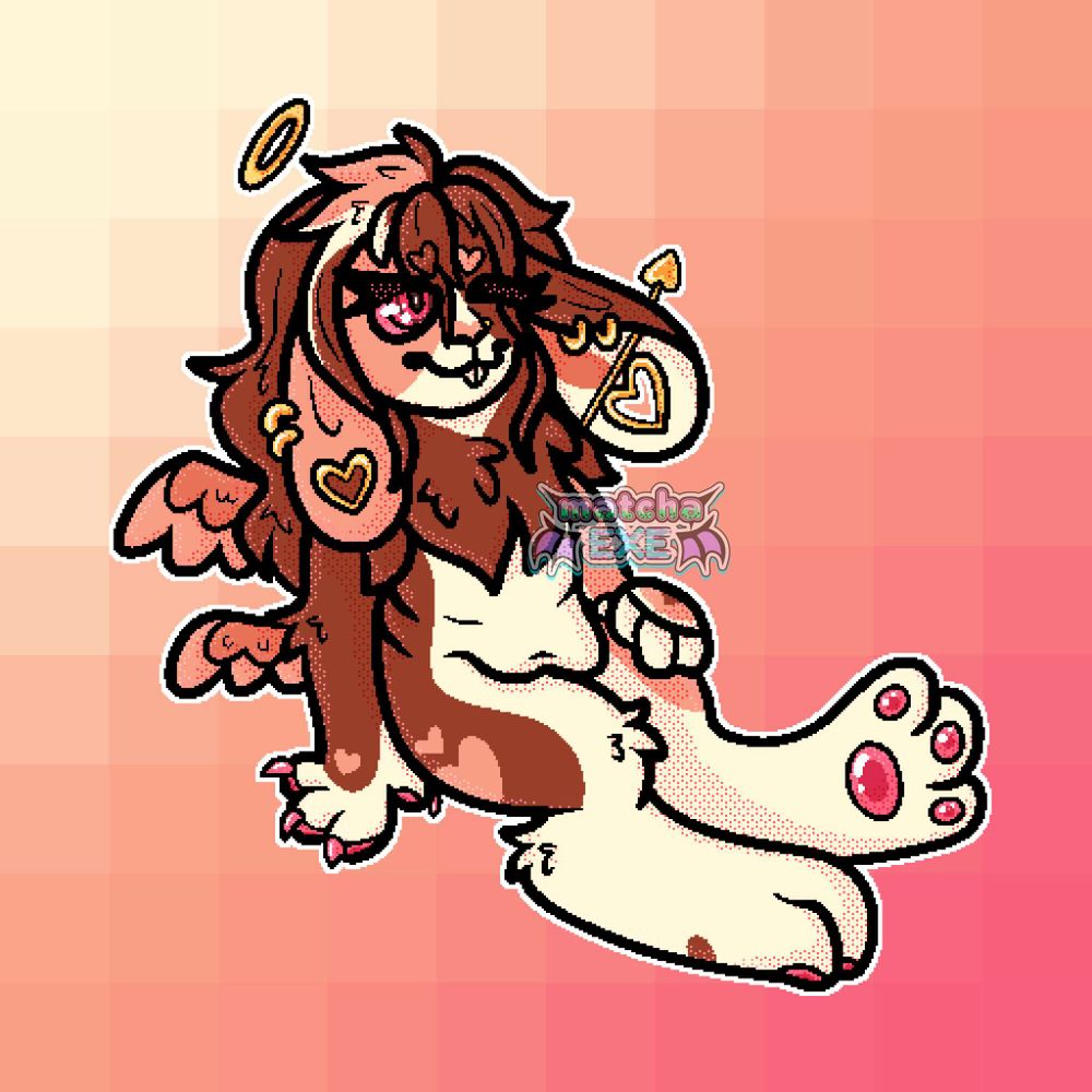 Full-body chibi digital art of an anthropomorphic angelic bunny. She has mostly cream coloured fur, with half of her body being a reddish-brown and the other half being a light pink. She has bright pink paw pads and pink claws. There is a lot of fluff around her neck and she has long, wavy brown, cream, and pink hair. Behind her are two pairs of brownish-pink wings. She has heart-shaped gauges in her ears, as well as two gold rings in each ear. In her left ear is an arrow-shaped piercing. She also has a gold stud in her left nostril. She is smiling and winking while looking towards the right side of the image. Her eyes are pink and brown. She has a small halo above her head and she is sitting with her legs out, one arm propping her up, and the other hand on her thigh. The background is a cream and pink coloured, pixelated gradient.