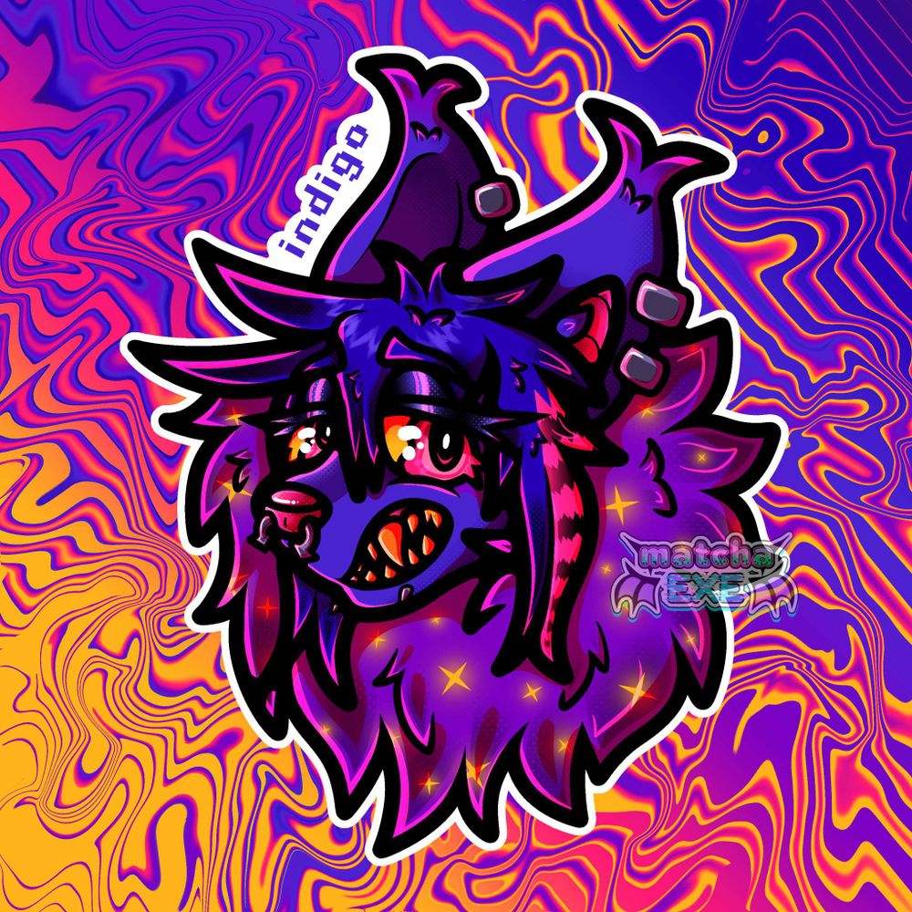 A digital art headshot of a colourful sparkledog. It is facing towards it's right and looking towards the left with a grimace. It has large yellow teeth, yellow and pink eyes, and a pink nose with a silver septum ring. It's inner ears are also pink and it has several silver cuffs in it's ears. It also has two lower lip piercings. Most of it's fur is a bright purplish-blue and it has lots of purple fluff covered in yellow sparkles around it's neck. It's hair is spiky and a deep blue with a black and pink streak in the left side. The background is a psychedelic pattern consisting of yellow, pink, purple, and blue. Text near it's right ear reads "indigo."