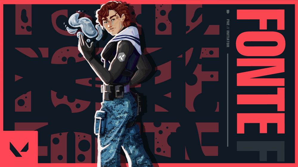 a fake agent splash fanart of my valorant oc, Fonte (real name maria). she is olive skin, reddish-brown wavy hair, and wears navy-inspired Kingdom gear. her splash consists of a water and bubble motif. she is holding her hand up, controlling water. she was harbor before harbor. she is an initiator.