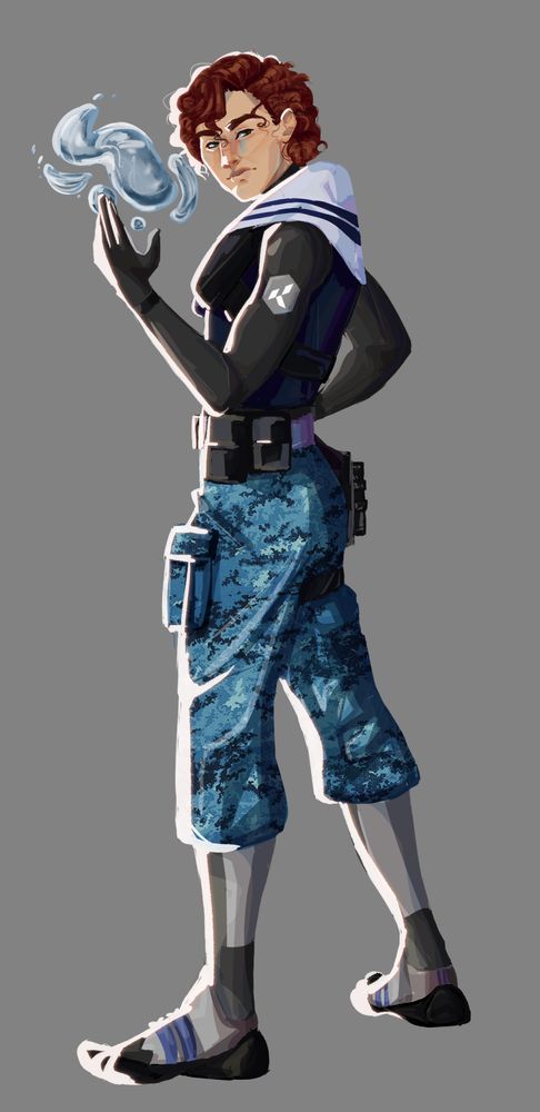 full body character art of my valorant oc, Fonte. she has olive skin, reddish brown hair, and wears a navy-inspired Kingdom brand suit. it consists of a wet suit, water camoflague pants, athletic water shoe-boot things, and the navy. shoulder thing on top of what I believe is some kind of float. she is controlling water, facing away from the viewer while looking back. 