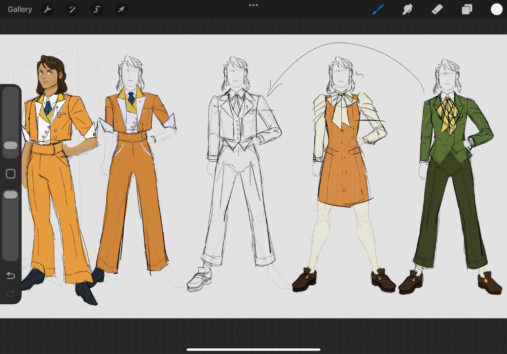 nerezzi’s fit described above, a second uncolored fit with an arrow denoting it shares colors with the fourth outfit, third outfit that features an orange plaid jumper dress, a cream shirt and bow and leggings, and brown loafers, and lastly a green suit with a large yellow bow and brown loafers.