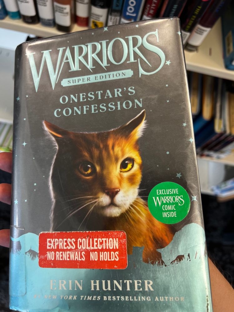 Book cover with a photo of a cat and the title “Warriors: ONESTAR’S CONFESSION”