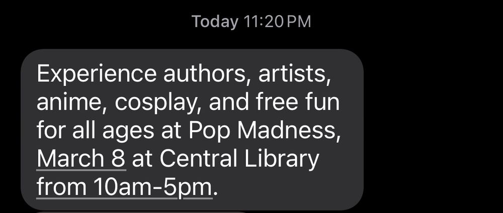 Text message posted at 11:20PM about a library event this weekend.