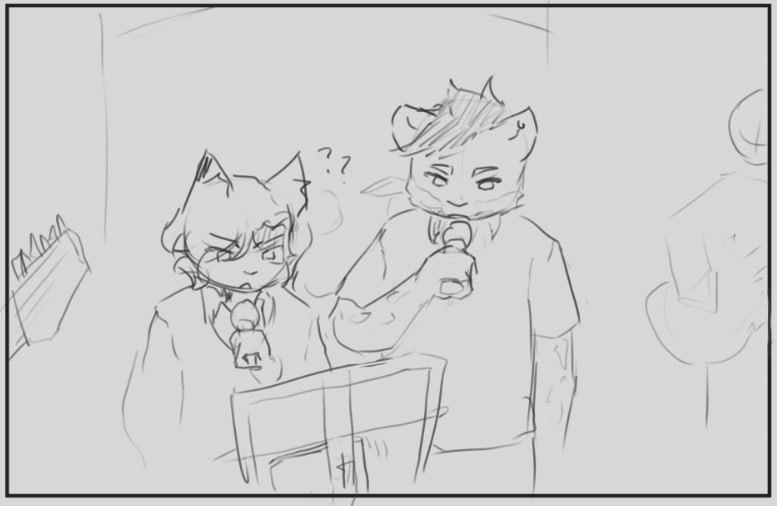 two cats singing (?) into microphones while looking at a Samsung Galaxy Z Fold 5 sliding off a folding music stand as a jazz band plays fly me to the moon by frank sinatra