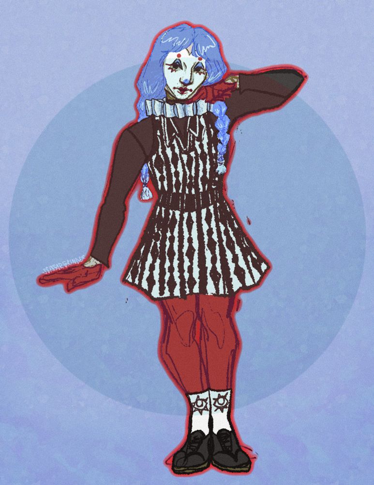 A casual clown with two pastel blue braods over her shoulders and socks with eyes on the fronts of them