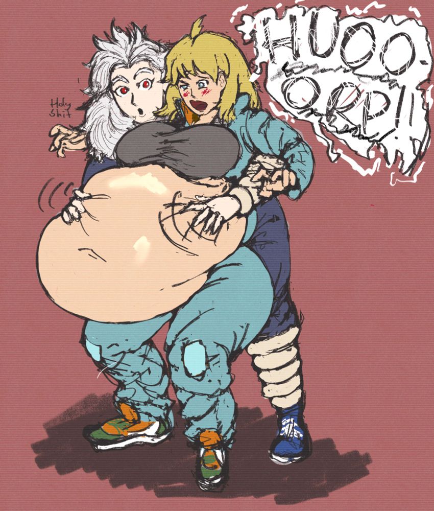 A follow up to the previous drawing where Nikaido is letting out a large burp. Noi has a shocked expression and is muttering 'Holy shit.' to herself.