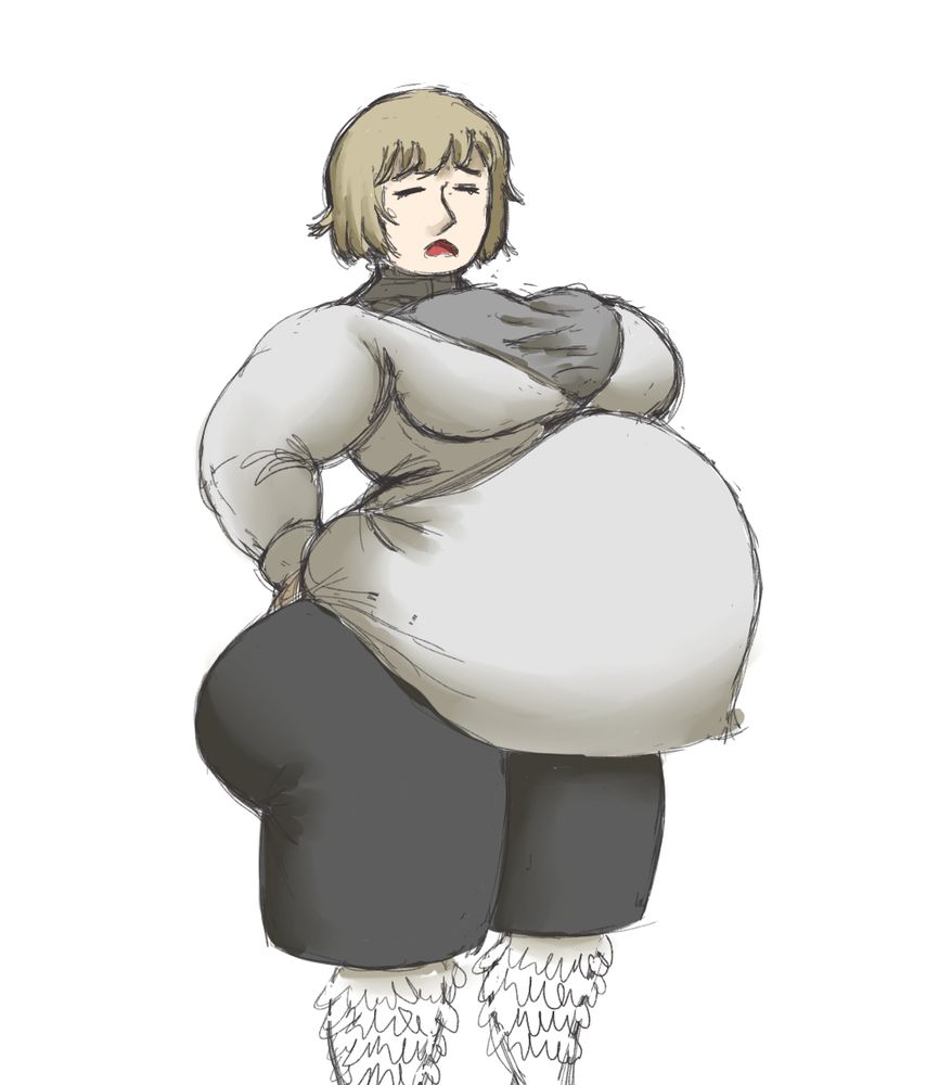 Drawing of Falin from Delicious in Dungeon. She has a swollen belly that is pulling the front of her shirt taught.