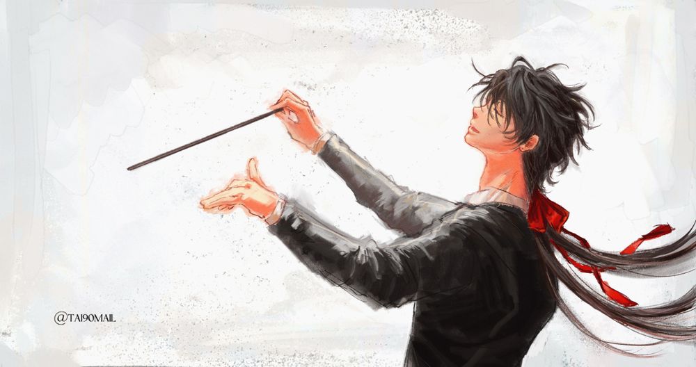 male rover as a composer wearing a black suit with a red tie for his hair. hes waving the baton high at a profile view.