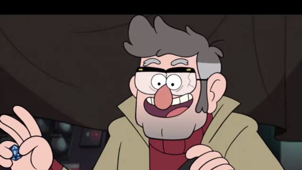 a cartoon character named stanley from gravity falls is smiling