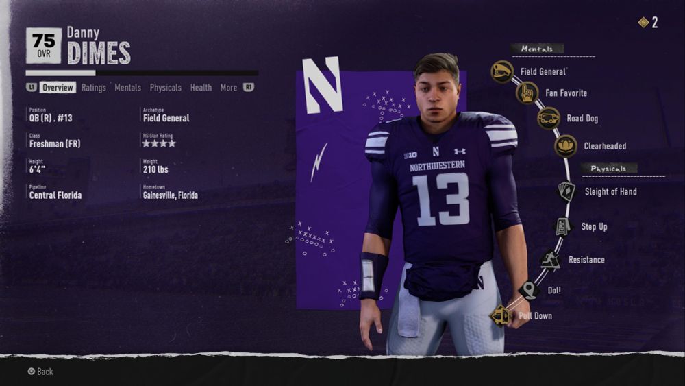 Screenshot of Road to Glory player from CFB25