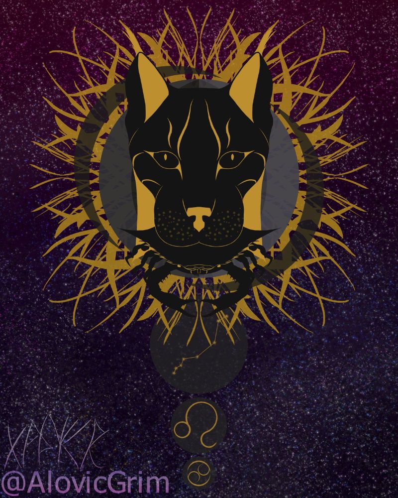a zodiac piece I did as a gift to an ex. their zodiac being that of a leo, with a cancer rising. they preferred lynx, so I drew a lynx instead of a lion.
from the distance planets align, casting a shadow upon one another, each adorned with the symbols of cancer, leo, and the lynx constellation. before reaching a moon, torn asunder by the star from within.
covering this moon is a lynx, holding a crab in it's mouth, it's piercing gaze striking daggers into the souls of the viewer.
I made this and that ex didn't bat an eye. everyone else praises it so it is still one of my favorite works even if it wasn't cared for by the intended recipient.