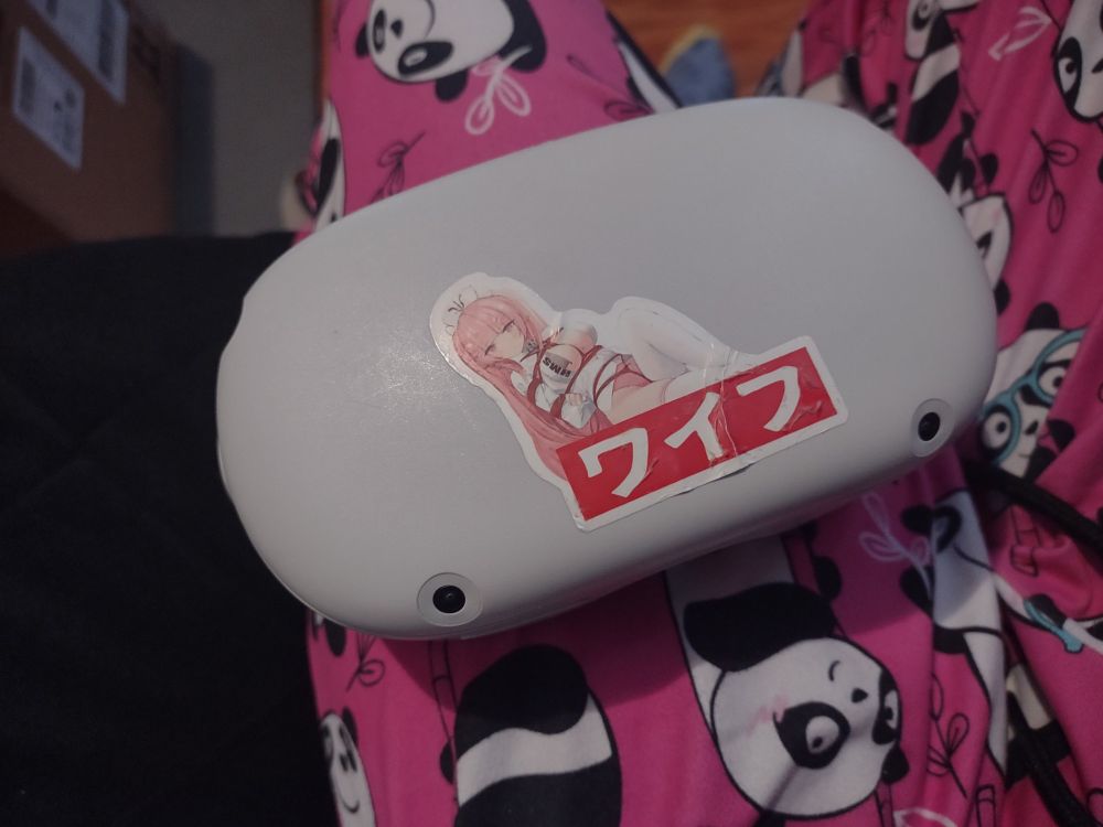 Image of an oculus quest 2 headset. With a bdsm anime girl sticker wrapped in red rope shibari.
The Japanese text below, translated to English reads wife.