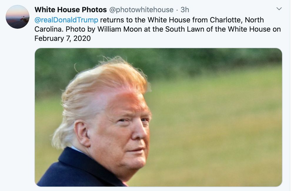 Screenshot of a Twitter post from White House Photos in 2020. The text reads 