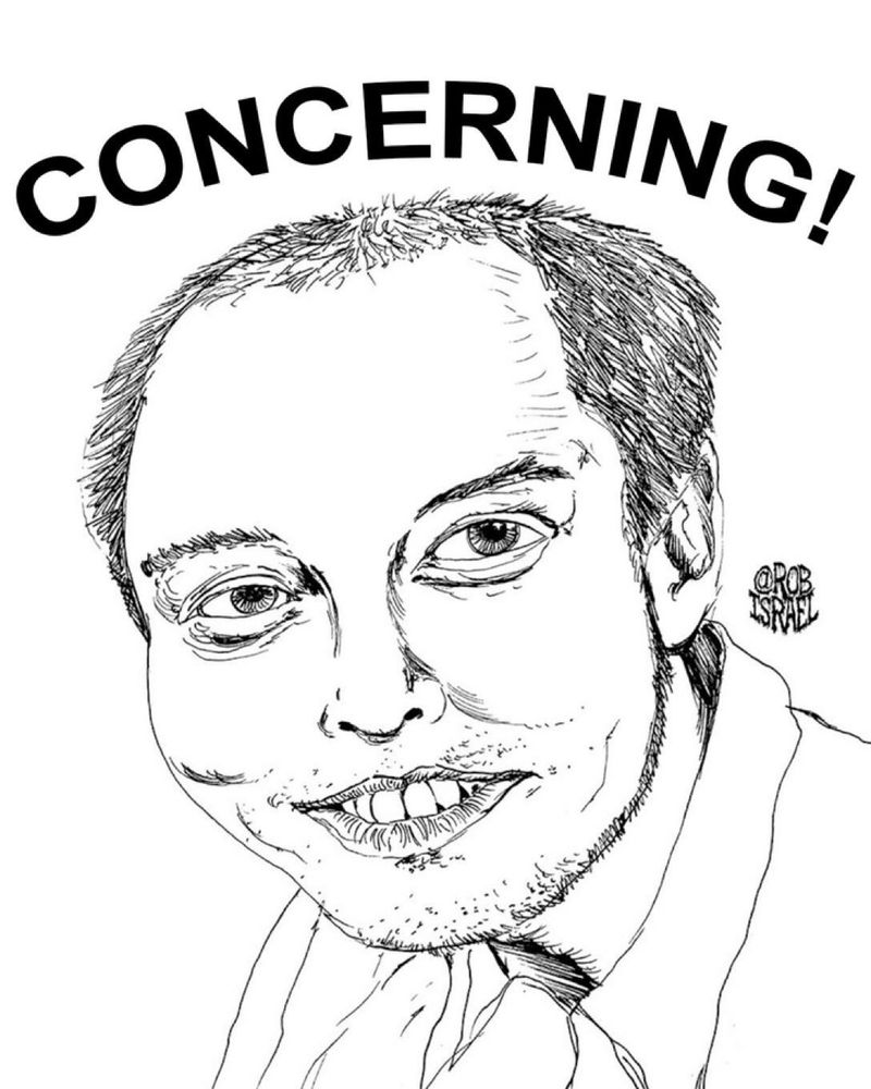 A sketch of a younger Elon Musk (before the hair plugs) with his signature “Concerning!” reply. 