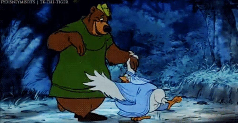 a cartoon of a bear holding a duck with the caption " disney misfits "