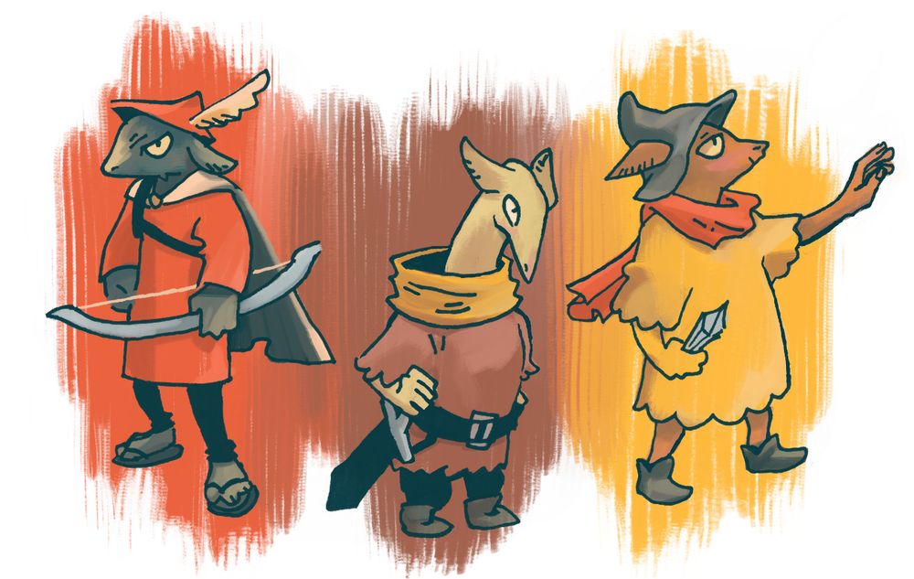 A goblin archer in orange, a goblin fighter in brown, and a goblin magician in yellow