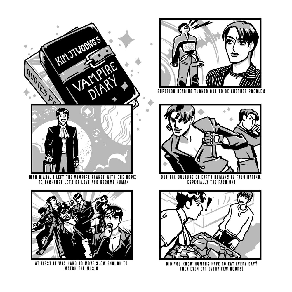 Panel 1: A locked book titled "Kim Jiwoong's Vampire Diary," stacked on top of a book of quotes.

Panel 2: "Dear diary, I left the Vampire Planet with one home: to exchange lots of love and become human." Jiwoong carrying a suitcase.

Panel 3: "At first it was hard to move slow enough to match the music." Jiwoong performing Mirotic for his audition.

Panel 4: "Superior hearing turned out to be another problem." Jiwoong flinching at Junhyeon's iconic scream.

Panel 5: "But the culture of earth humans is fascinating. Especially the fashion!" Jiwoong performing Love Killa is his red suit, no shirt.

Panel 6: "Did you know that humans have to eat every day? They even eat every few hours!" Gyuvin showing Jiwoong his suitcase full of snacks.