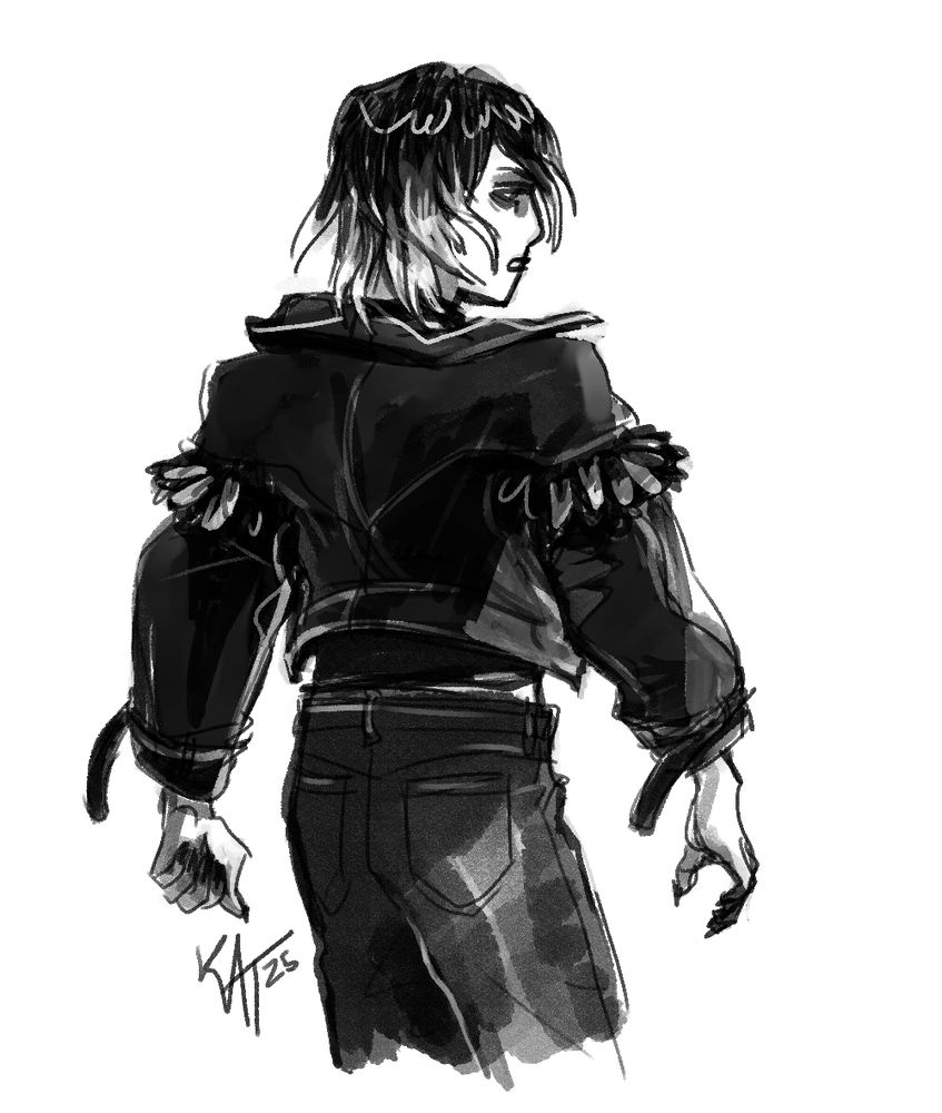 black and white sketch of a boy in a cropped jacket, glaring at something offscreen, with dark hands showing a hint of claws