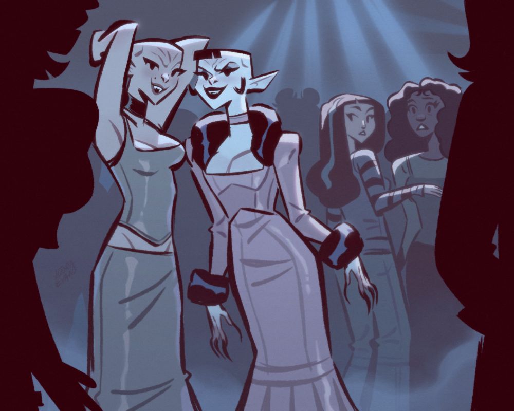 Illustration of two Nosferatu vampire girls dressed in latex at a nightclub, looking menacingly at the viewer. Around them party-goers look on with shocked expressions.
