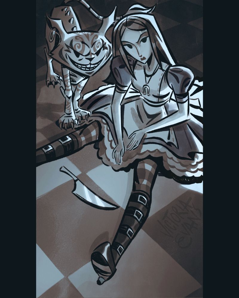 Fanart of the game American Mcgee’s Alice, Alice sits on a checkerboard floor with her hands in her lap & legs outstretched looking directly at the viewer. A knife sits on the floor in front of her. Behind her the Cheshire Cat stands on all fours, smiling & staring at the viewer.