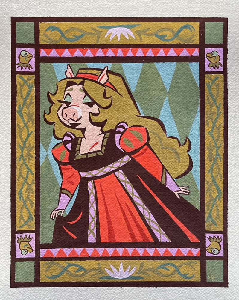 an acrylic gouache painting of Miss Piggy who stands holding the end of her dress. She is surrounded by a series of abstract frames containing vines & drawings of kermit the frog, in a style inspired by midcentury medieval revival art & fashion.