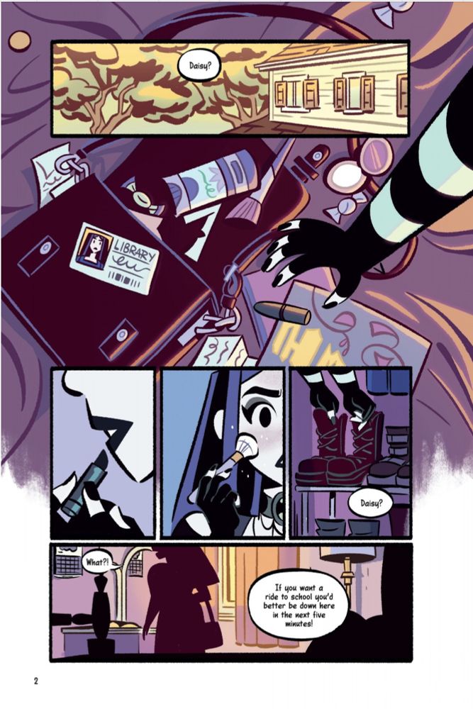 comic book page of a goth girl getting dressed for school
